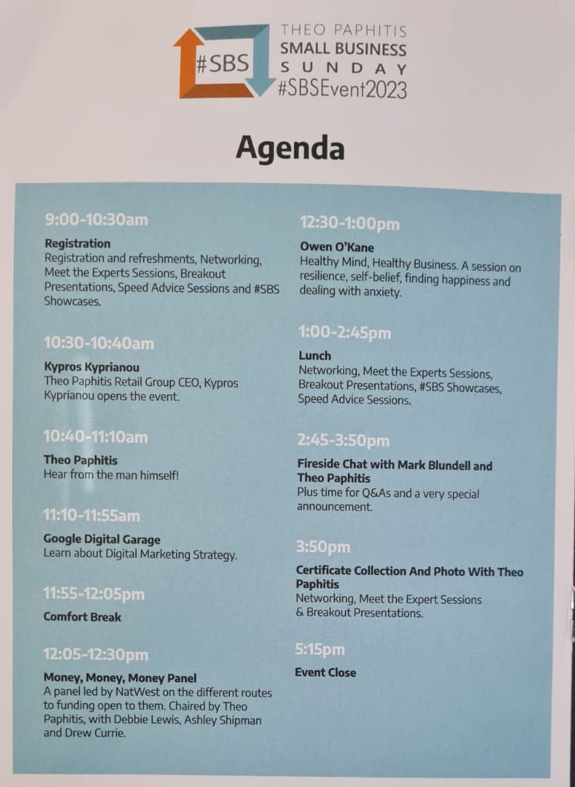 Image showing the SBS Event Agenda that features the following speakers - Kyros Kyprianou, Theo Paphitis, Google Digital Garage, Natwest Panel, Owen O'Kane and Mark Blundell